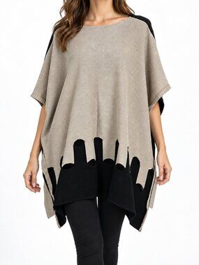 ANGL Oversized Black & Beige Distressed Knit Poncho Sweater Top, OS